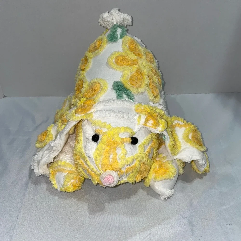 Vintage Chenille Bunny Rabbit Plush Yellow Floral Tufted Stuffed Animal Easter